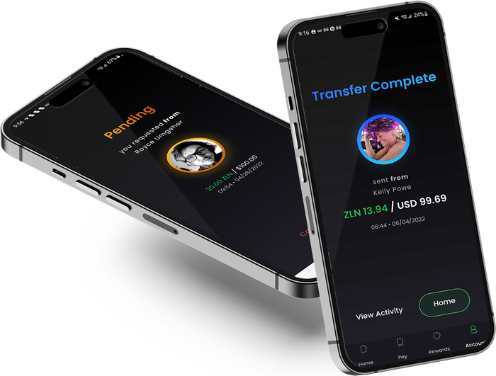 two cell phones displaying peer-to-peer transfers one screen says transfer complete on the screen