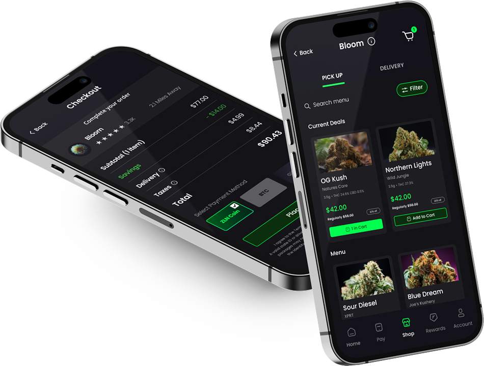 two cell phones are open to zelen online cannabis ordering with text that says order online now