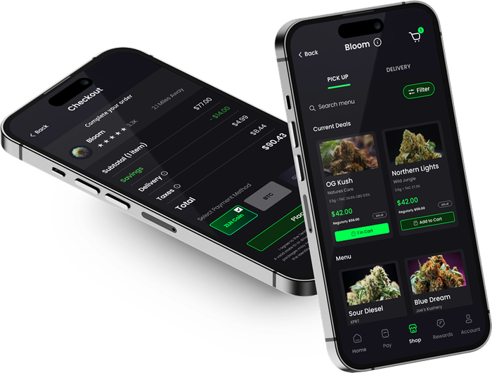 two cell phones are open to zelen online cannabis ordering with text that says order online now
