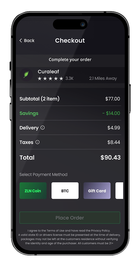 ZELEN Systems app, payment and checkout view.
