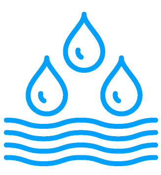 A blue icon of water drops and waves on a white background.