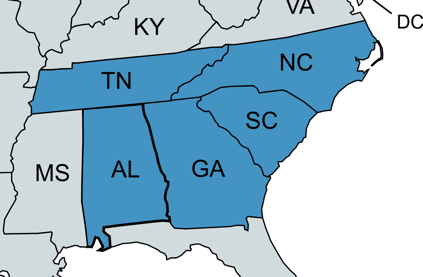 A map of the united states showing the states of tn al and ga