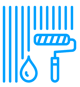 A blue icon of a paint roller , brush , and a drop of paint.