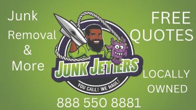 Advertisement for Junk Jetters, featuring a logo with a mascot, a rocket, and a phone number on a green background.