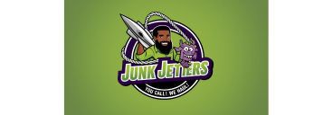A logo for Junk Jetters on a green background, featuring a character holding a cleaning tool and the company tagline.