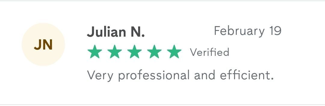 A five-star review from Julian N. on February 19, stating, 