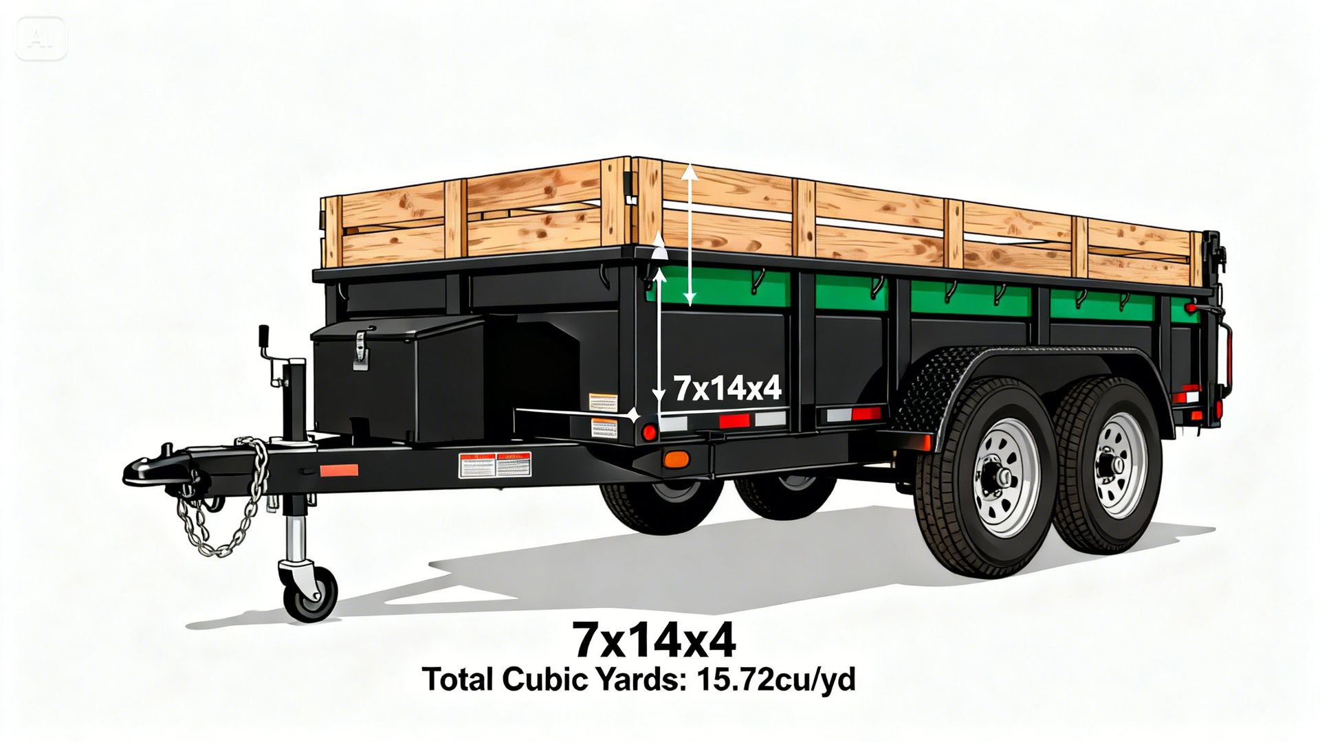 Black dump trailer with wooden side extensions, labeled 7x14x4 with a capacity of 15.72 cubic yards.