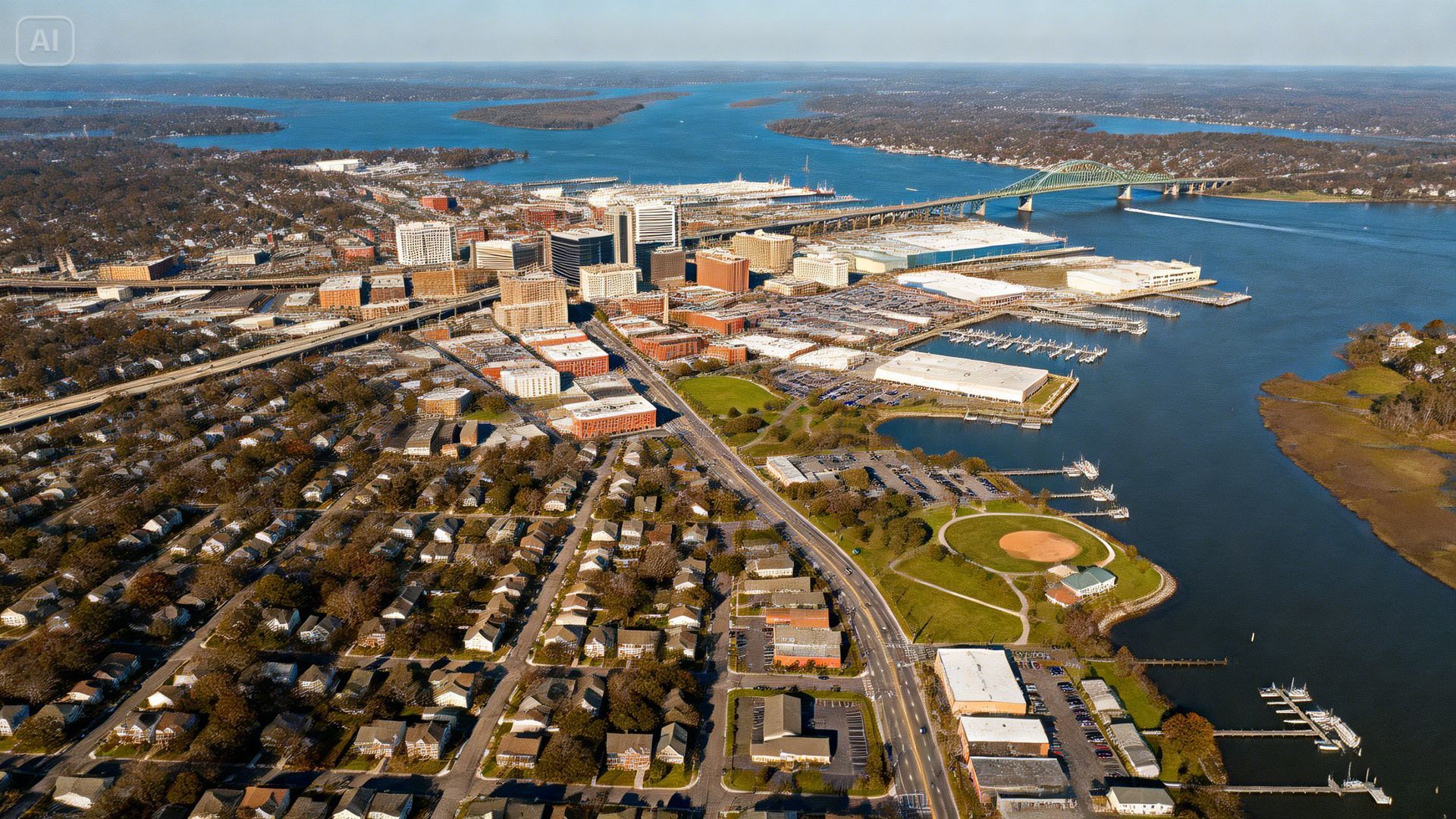 Aerial view of a coastal city featuring a downtown business district, residential neighborhoods, and a bridge over water.