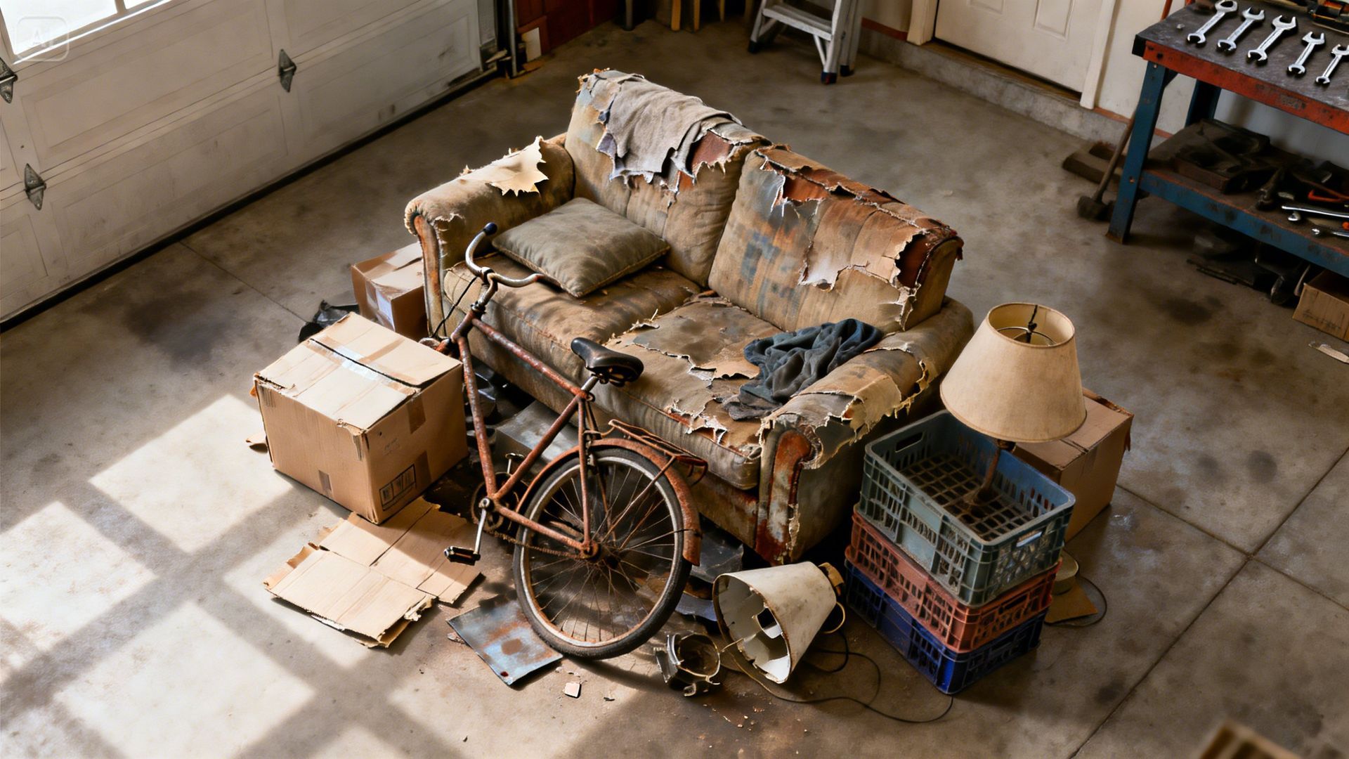 A high-angle view of a worn, tattered couch in a garage, surrounded by a rusted bicycle, cardboard boxes, and storage bins.