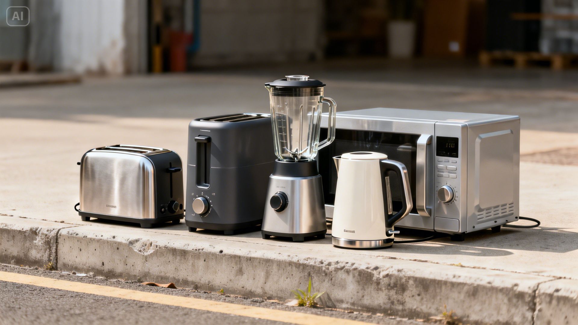 A selection of small kitchen appliances, including two toasters, a blender, a kettle, and a microwave, lined up on a curb.