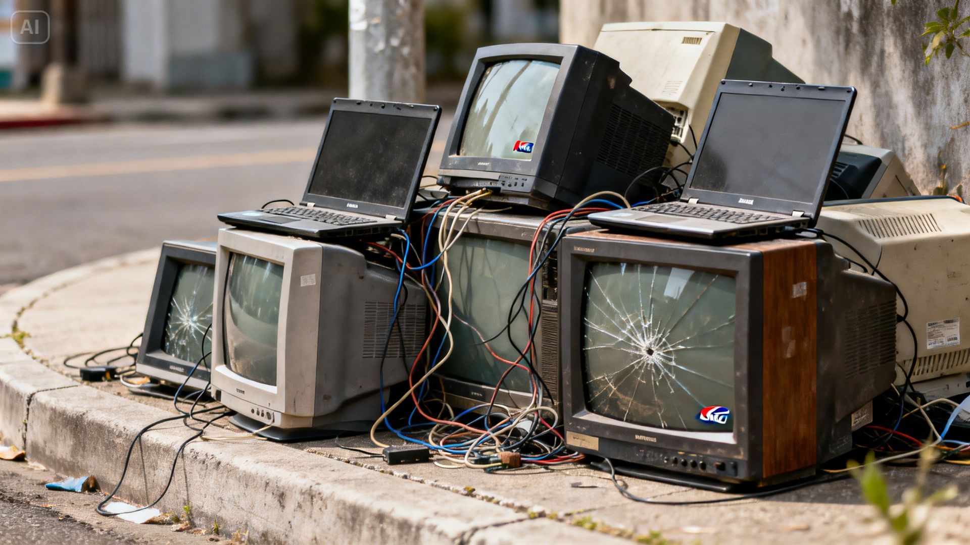 A pile of discarded, broken CRT televisions and old laptops sits on a concrete sidewalk curb.