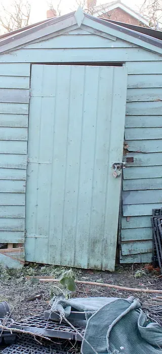 A light green wooden shed stands outdoors, featuring a closed door with a padlock, set against a blurred garden backdrop.