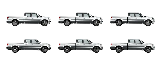 A grid of six identical silver pickup trucks arranged in two rows of three on a white background.