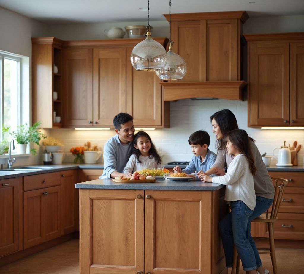 A family is sitting at a kitchen island eating food.