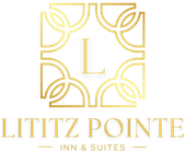 A gold logo for lititz pointe inn and suites