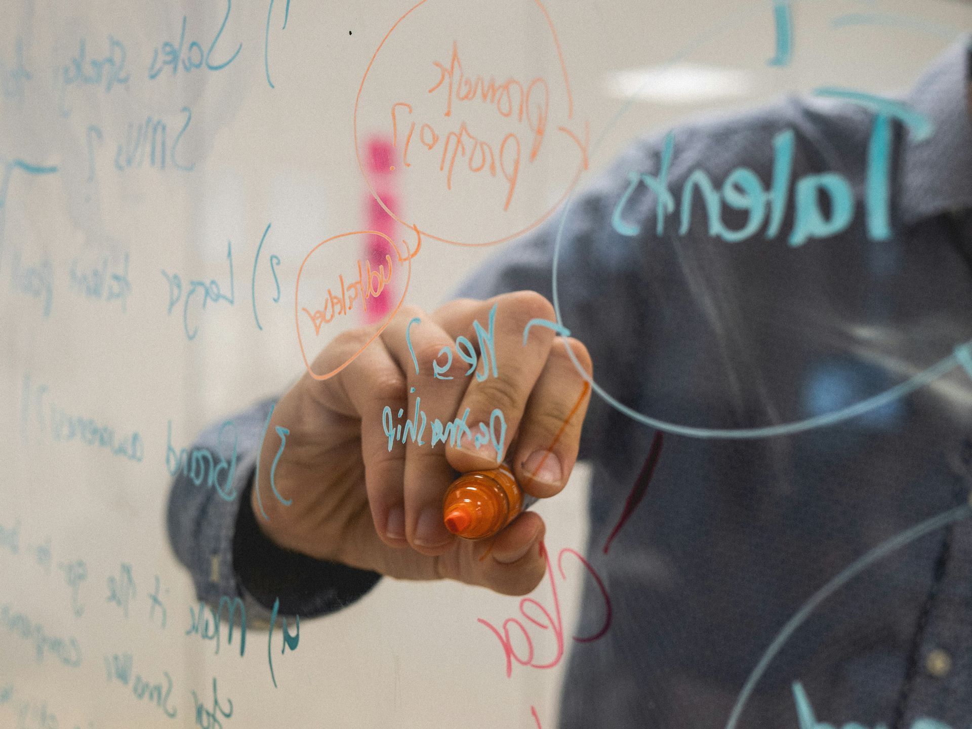 A hand is drawing on a transparent wall with an orange pen