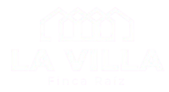 Logotipo de La Villa blanco con siluetas de casas sobre el texto 