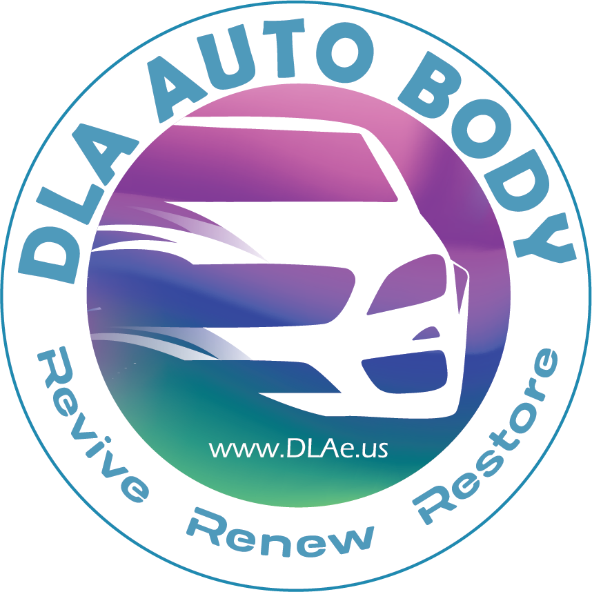 A logo for dla auto body shows a car in a circle