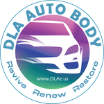 A logo for dla auto body shows a car in a circle