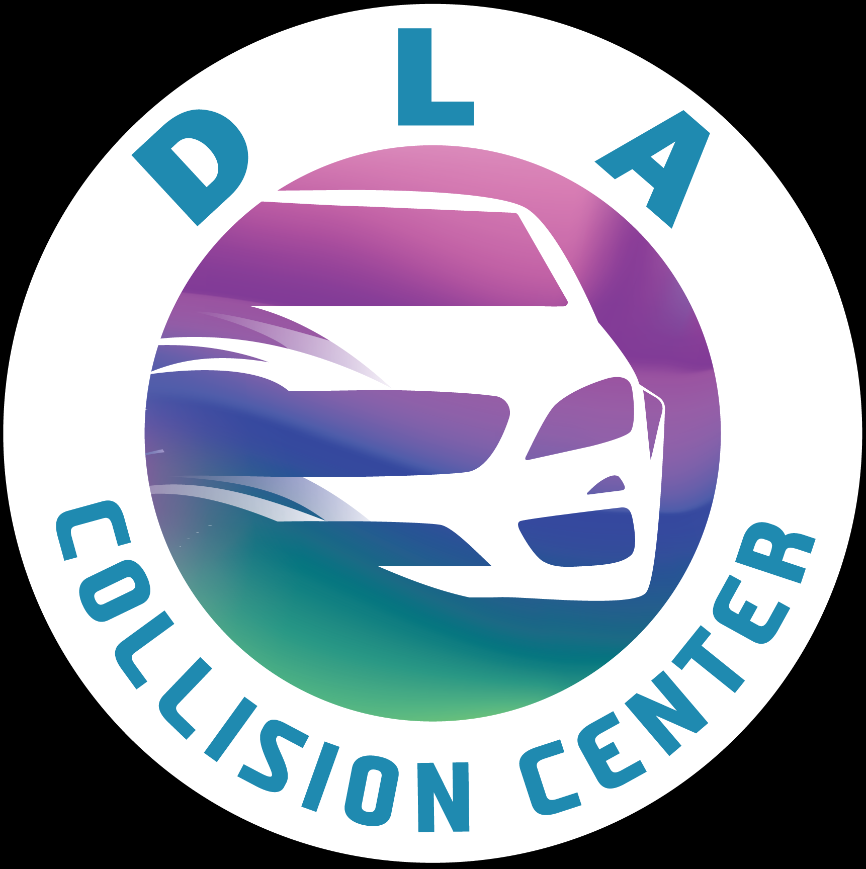 A logo for dla auto body shows a car in a circle