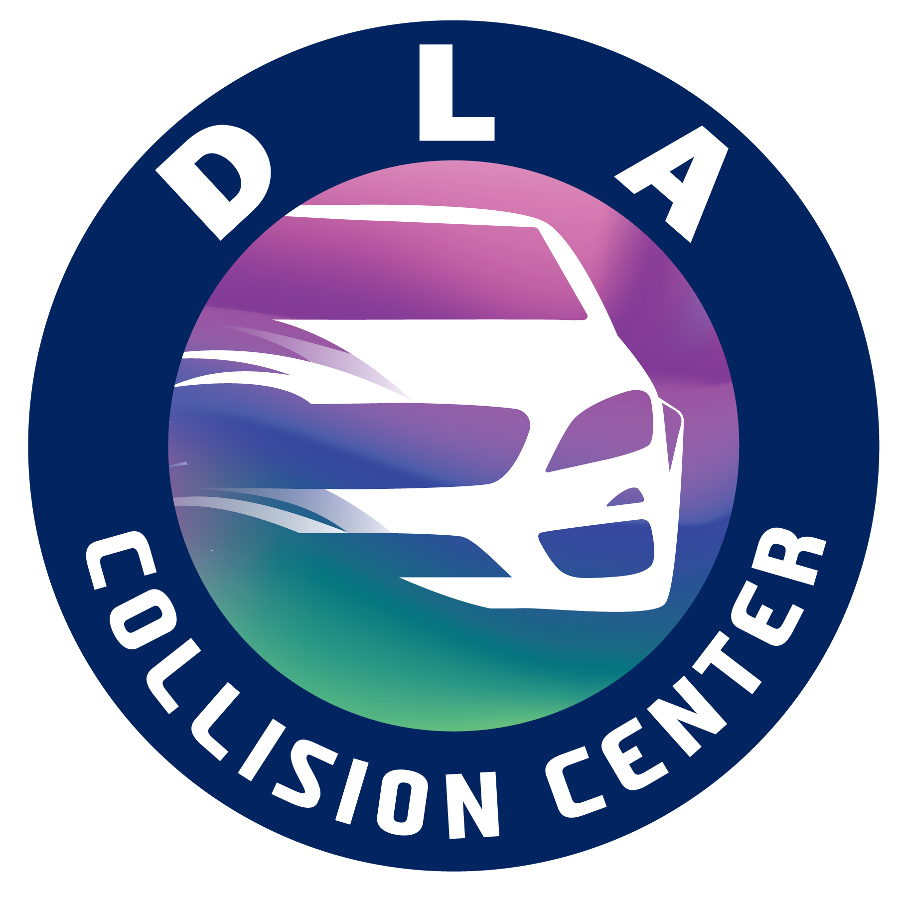 Logo for DLA Collision Center, with a car silhouette, text in a blue and white circular design.