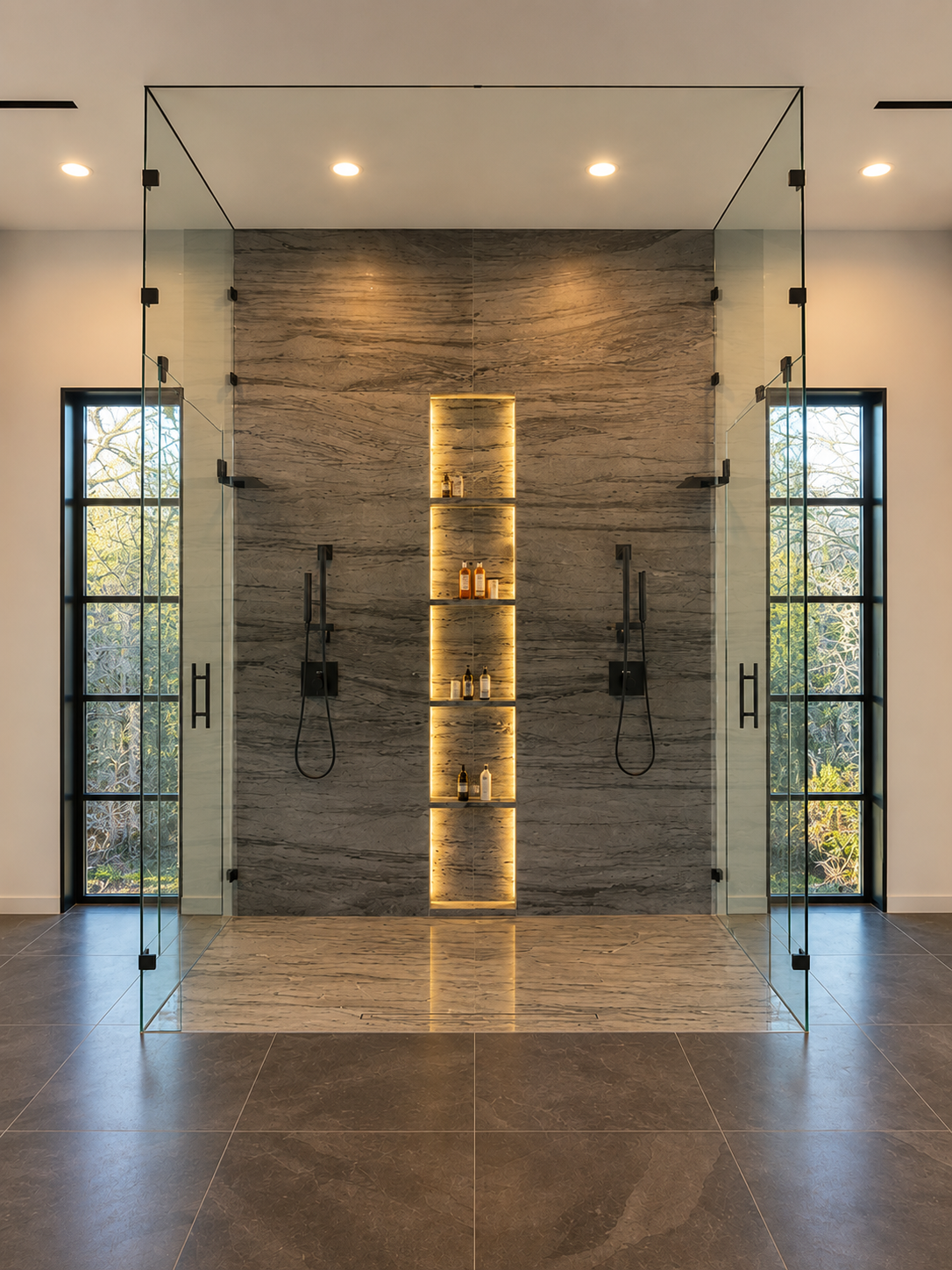 Modern minimalist bathroom with glass shower enclosure, stone wall, and warm vertical light fixture