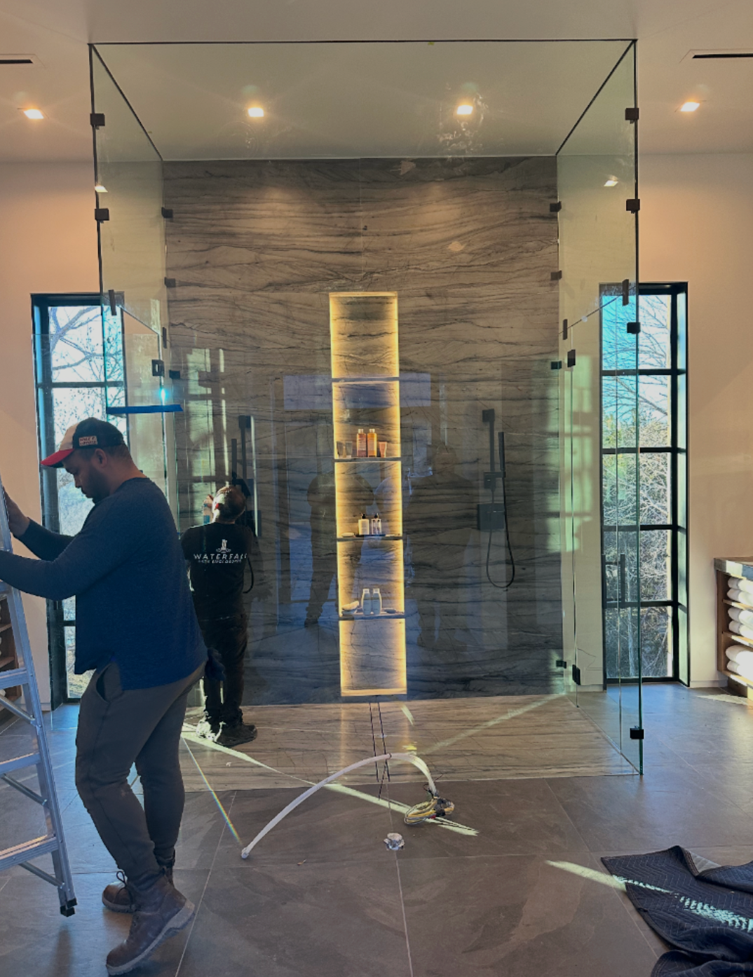 Modern Frameless Shower Installation installed by Davis Glass Company in Fort Worth, Texas.