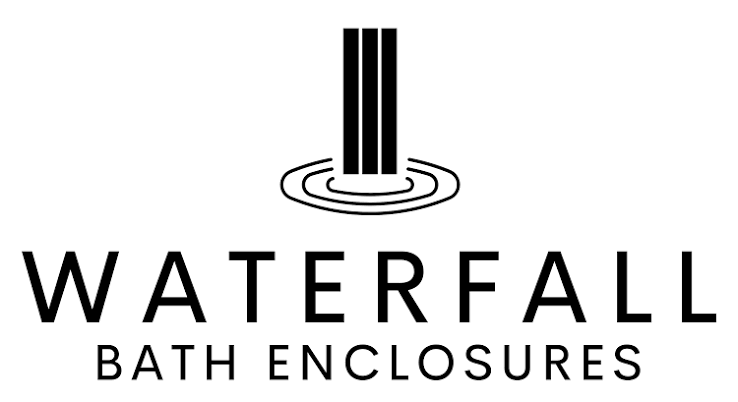 Waterfall Bath Enclosures logo with black text and stylized shower icon above ripples