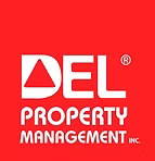 The logo for del property management inc. is on a red background.