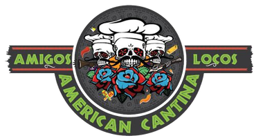 Logo for Amigos Locos American Cantina featuring chef skull faces, roses, and a circular design.