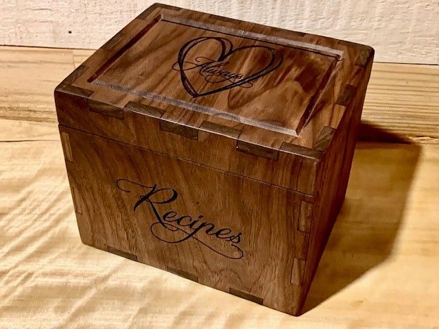Black walnut recipe box with included engraving
