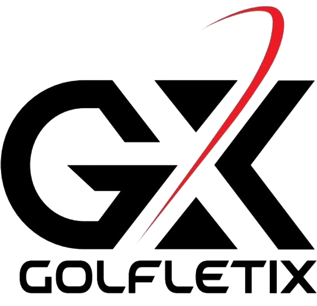Black and red Golfletix logo: "GX" letters with a red arc, and "GOLFLETIX" below.