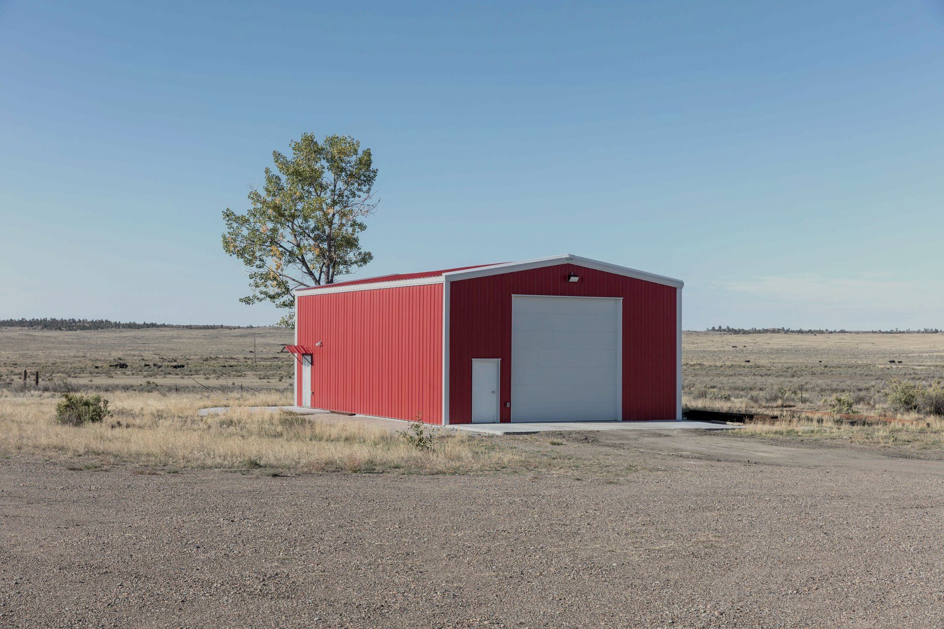 A red building with a white door and a tree in the background