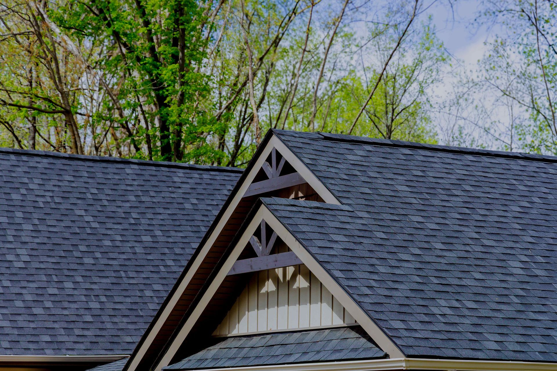A close up of a roof of a house with trees in the background.