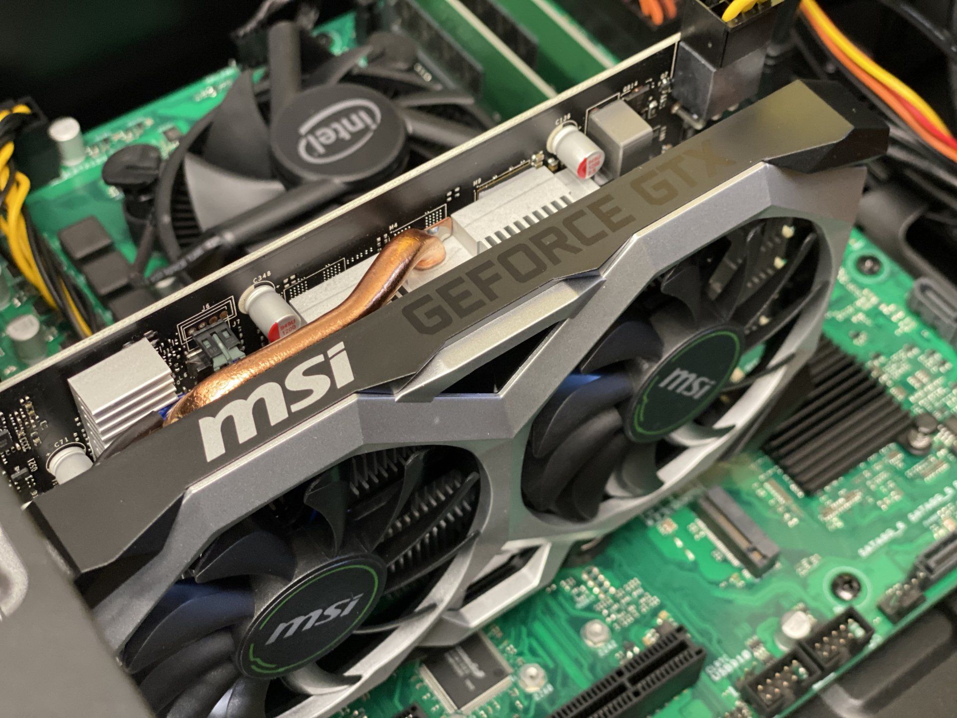 A close up of a msi geforce gt graphics card