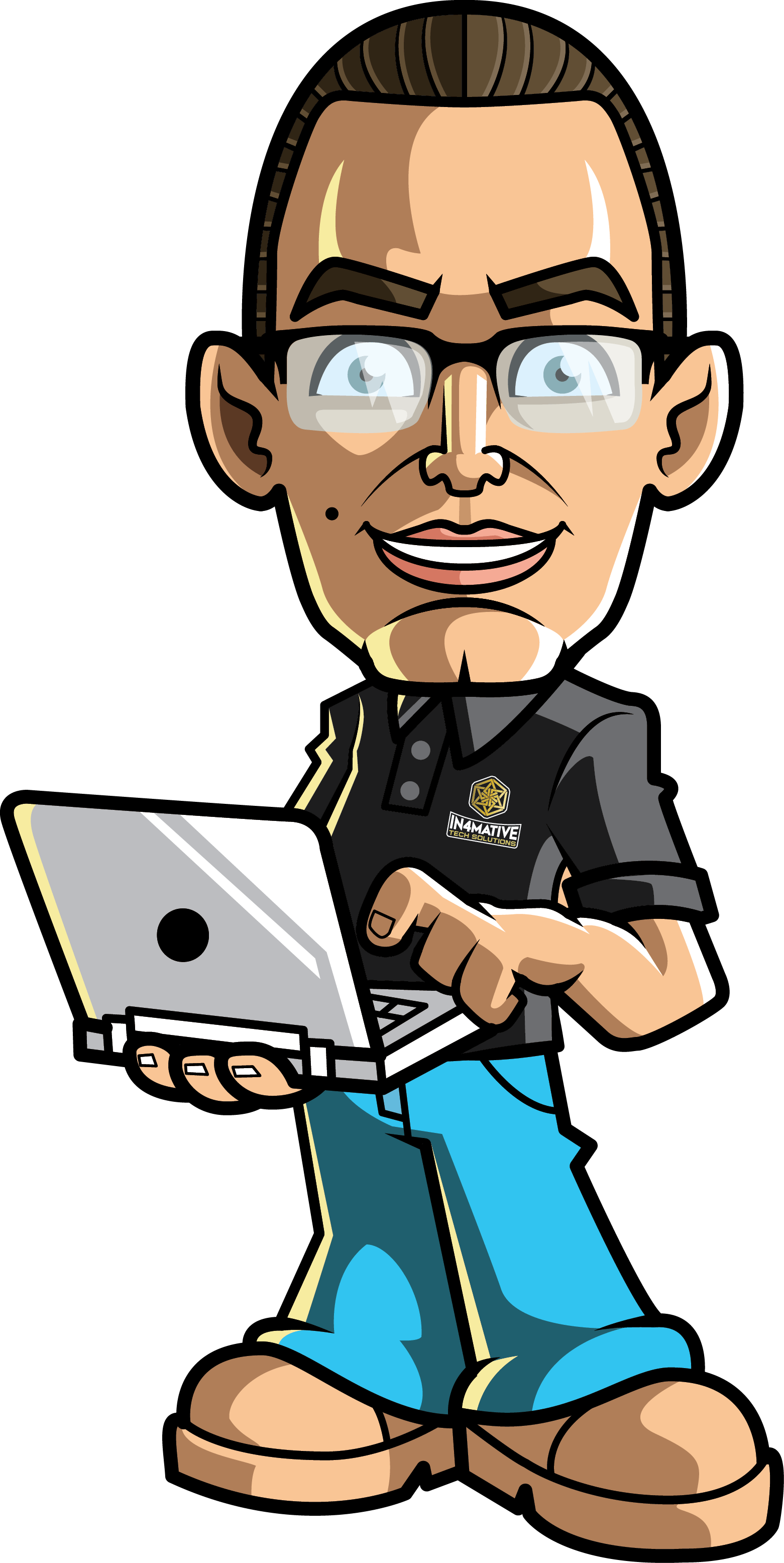 A cartoon of a man holding a laptop computer.