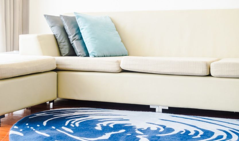 A living room with a white couch and a blue rug.