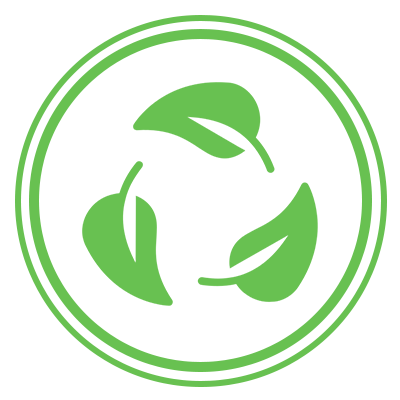 A green recycling symbol with three leaves in a circle.