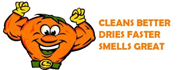 A cartoon of an orange with the words cleans better dries faster smells great