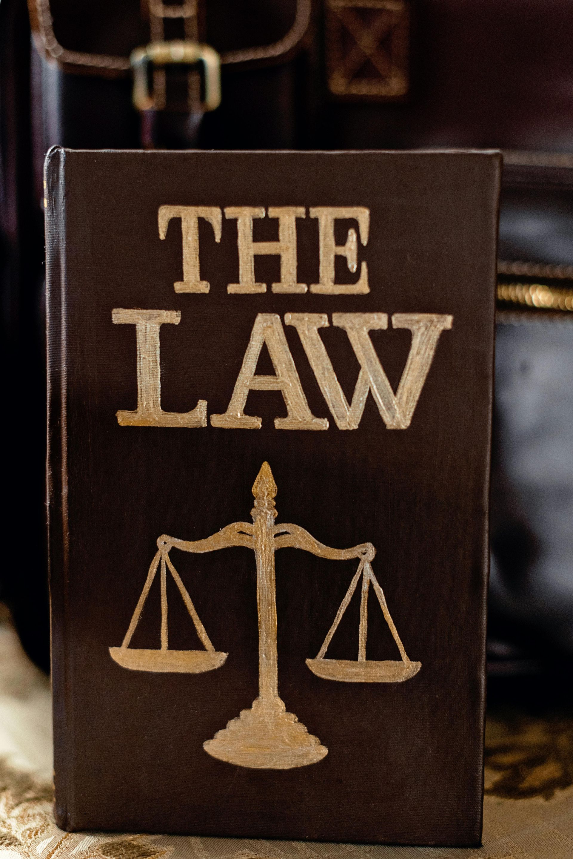 A book titled the law with a scale of justice on the cover