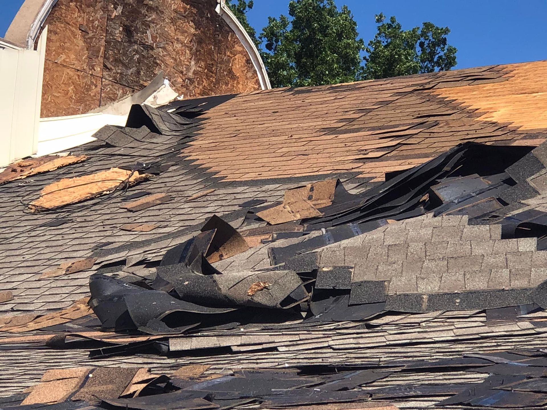 Damaged roof with missing and curled shingles, revealing underlying material.