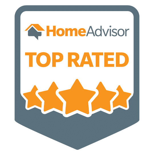 HomeAdvisor Top Rated badge: gray and white shield with orange stars and text.