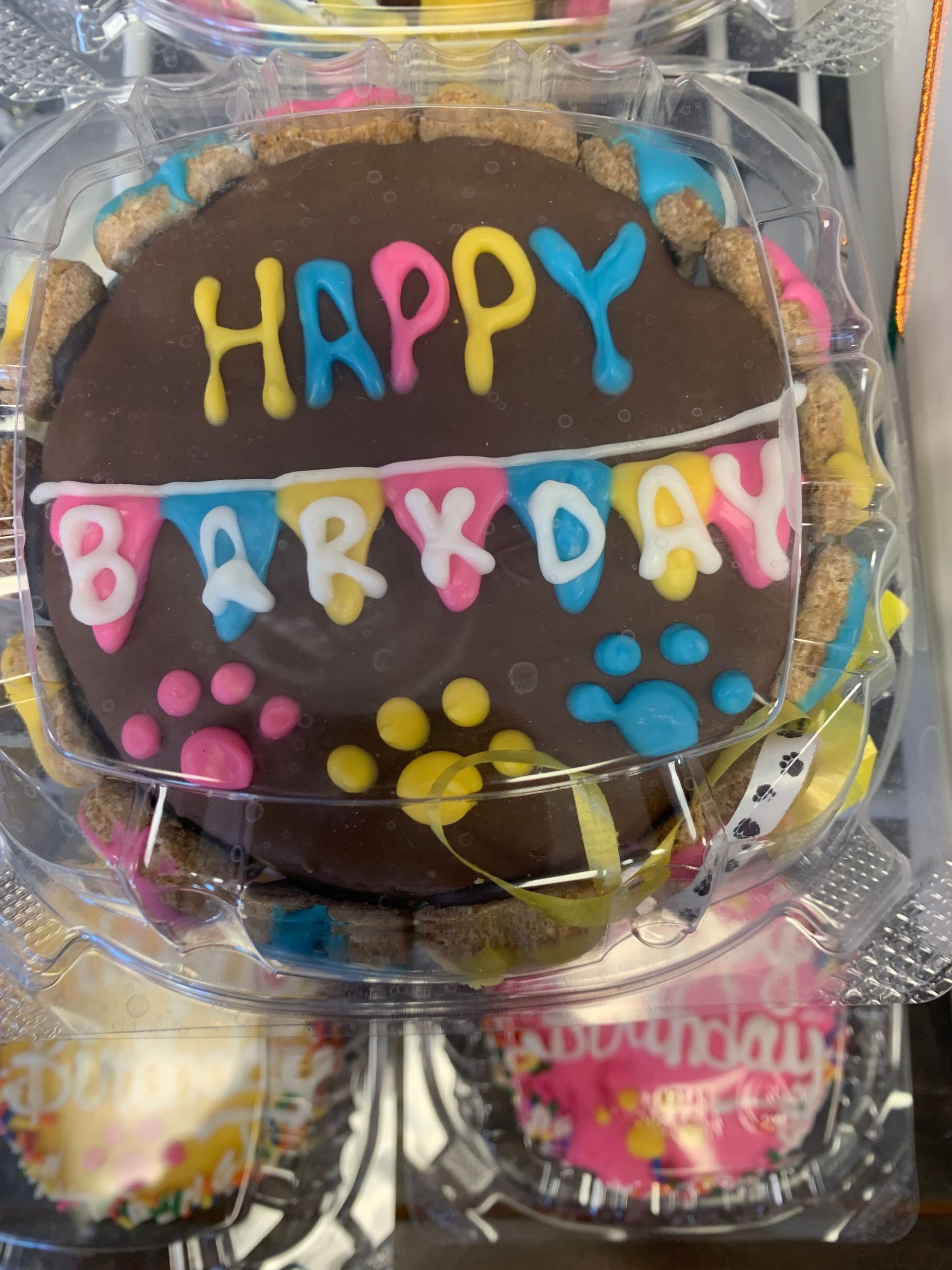 A happy barkday cake in a plastic container