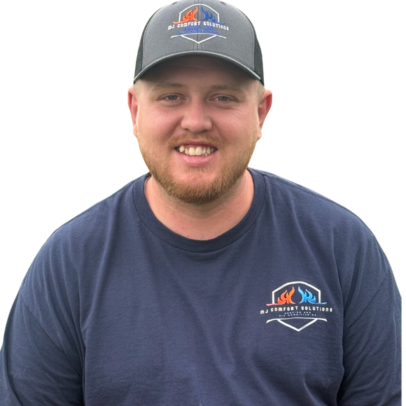 Man wearing a hat and shirt with a logo, smiling, against a white background.