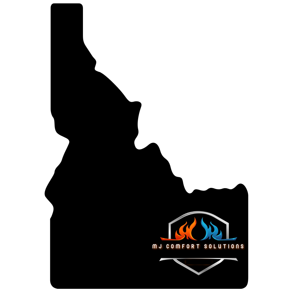Black outline of Idaho state with MJ Comfort Solutions logo.