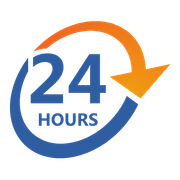 A logo that says 24 hours with an arrow around it