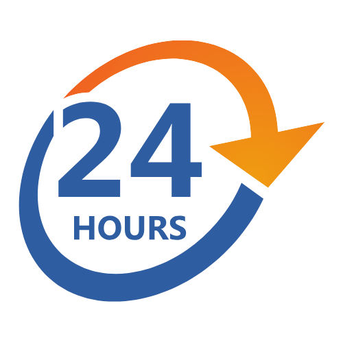 A logo that says 24 hours with an arrow around it