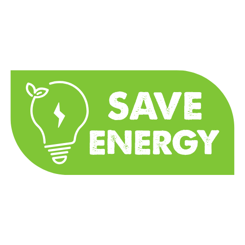A green sticker with a light bulb and the words `` save energy ''.