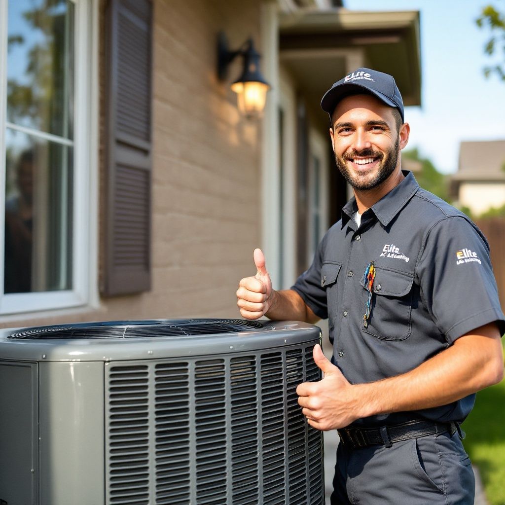 A man is giving a thumbs up in front of an air conditioner.