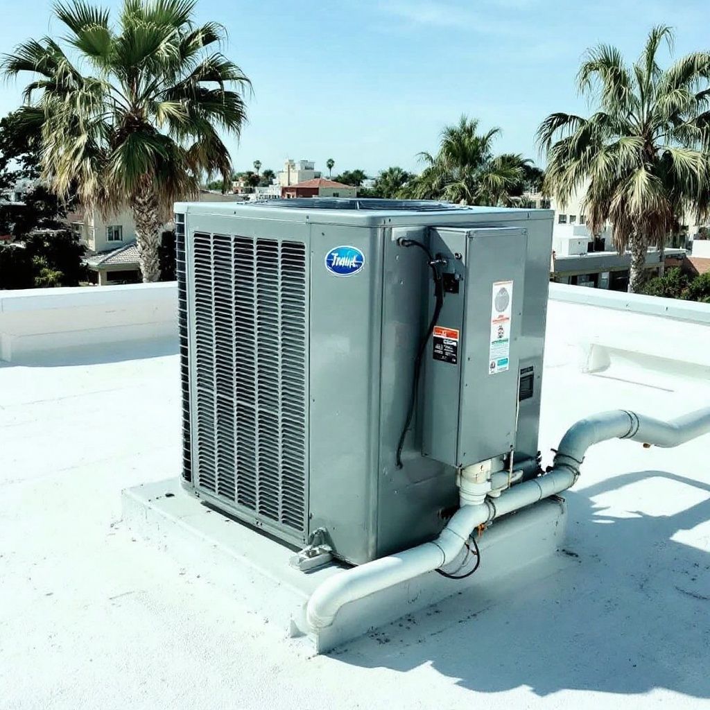 An air conditioner on top of a white roof with palm trees in the background